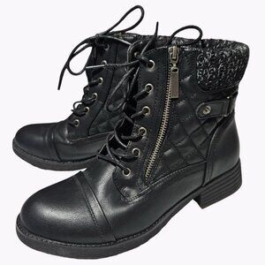 Black Quilted Combat Boots Womens Size 7.5 Winter Knit Cuff Side Zip Lace up